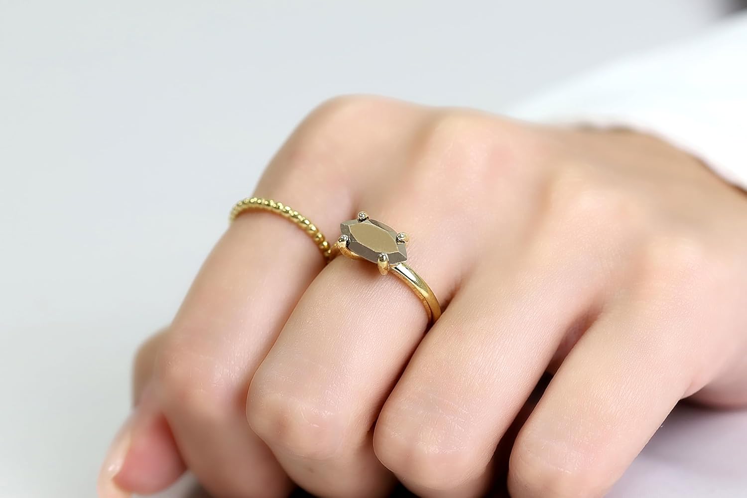 Marquise Iron Pyrite Ring - Artisan Stackable Jewelry for Women - Handmade Cocktail or Promise Piece - Unique Gemstone Design, Customizable with Engraving