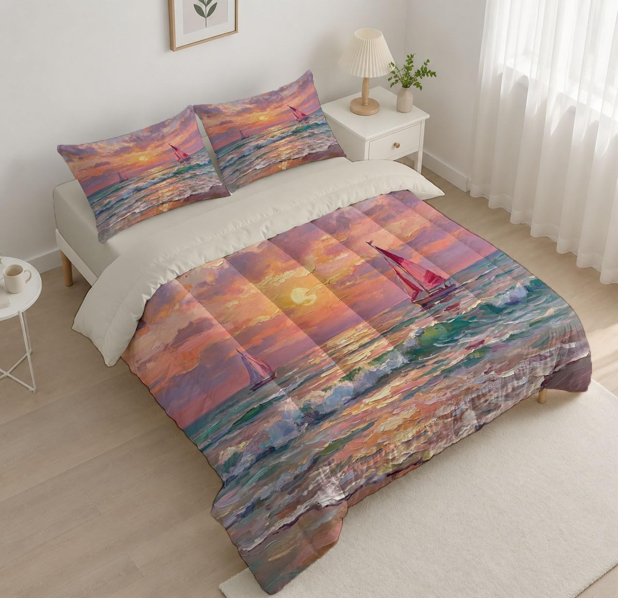 Oil Painting Landscape Comforter Set King Size, Sunset Sailboat Bedding Set for Girls Boys, Pink Quilt Bed 104"X90" Bedding Comforter Sets with 2 Pillowcase Room Decor