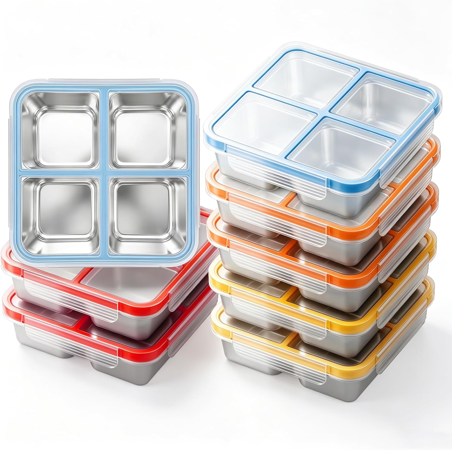 8 Pack Stainless Steel Snack Containers with Lids, 4 Compartment Leakproof