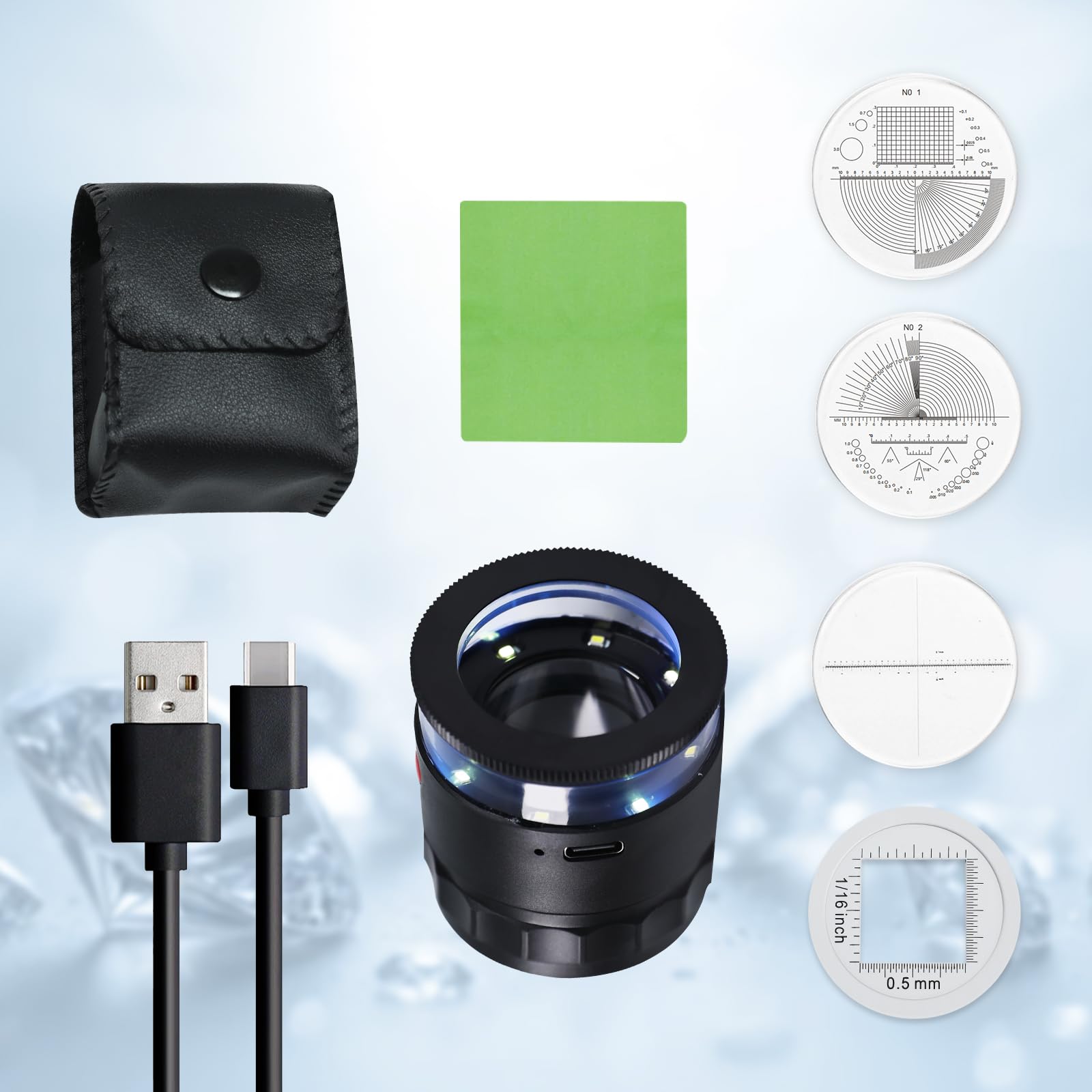 10-fache LED-Lupe mit 4 Skalen, wiederaufladbar über USB, Schmucklupe, verstellbarer Fokus, Taschenlupe für Schmuck, Uhren-Reparatur, Münzen, Briefmarken