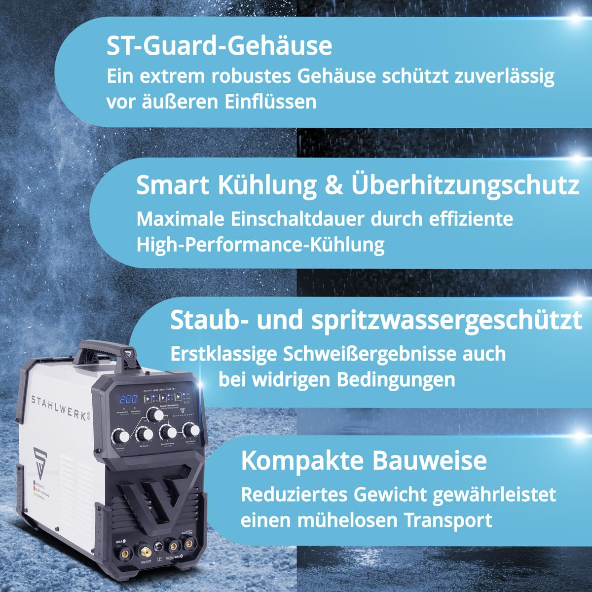 STAHLWERK Schutzgasschweißgerät 3-in-1 Kombi AC/DC WIG 200 CUT ST - WIG & MMA bis 200 A, Plasmaschneiden bis 45 A und bis 12 mm Schnittstärke, HF-Zündung, Edelstahl, Kupfer, Aluminium, Titan