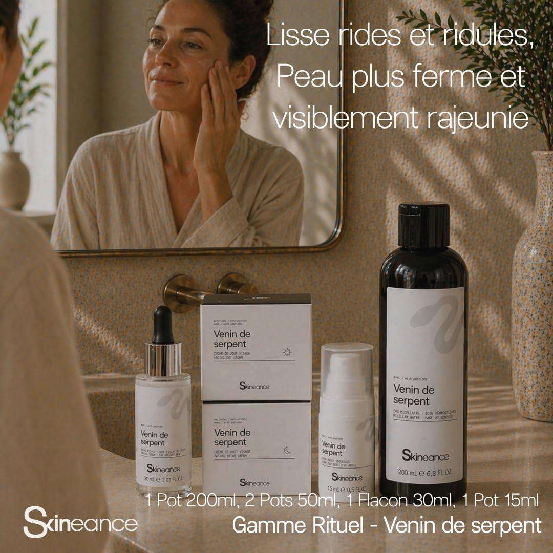 Skineance - Gamme Rituel Venin de Serpent | 5 Produits Soin Visage Anti-âge | Crème Jour 50 ml + Crème Nuit 50 ml + Eau Micellaire 200 ml + Sérum 30 ml + Sérum Zones Sensibles 15 ml | Coffret beauté