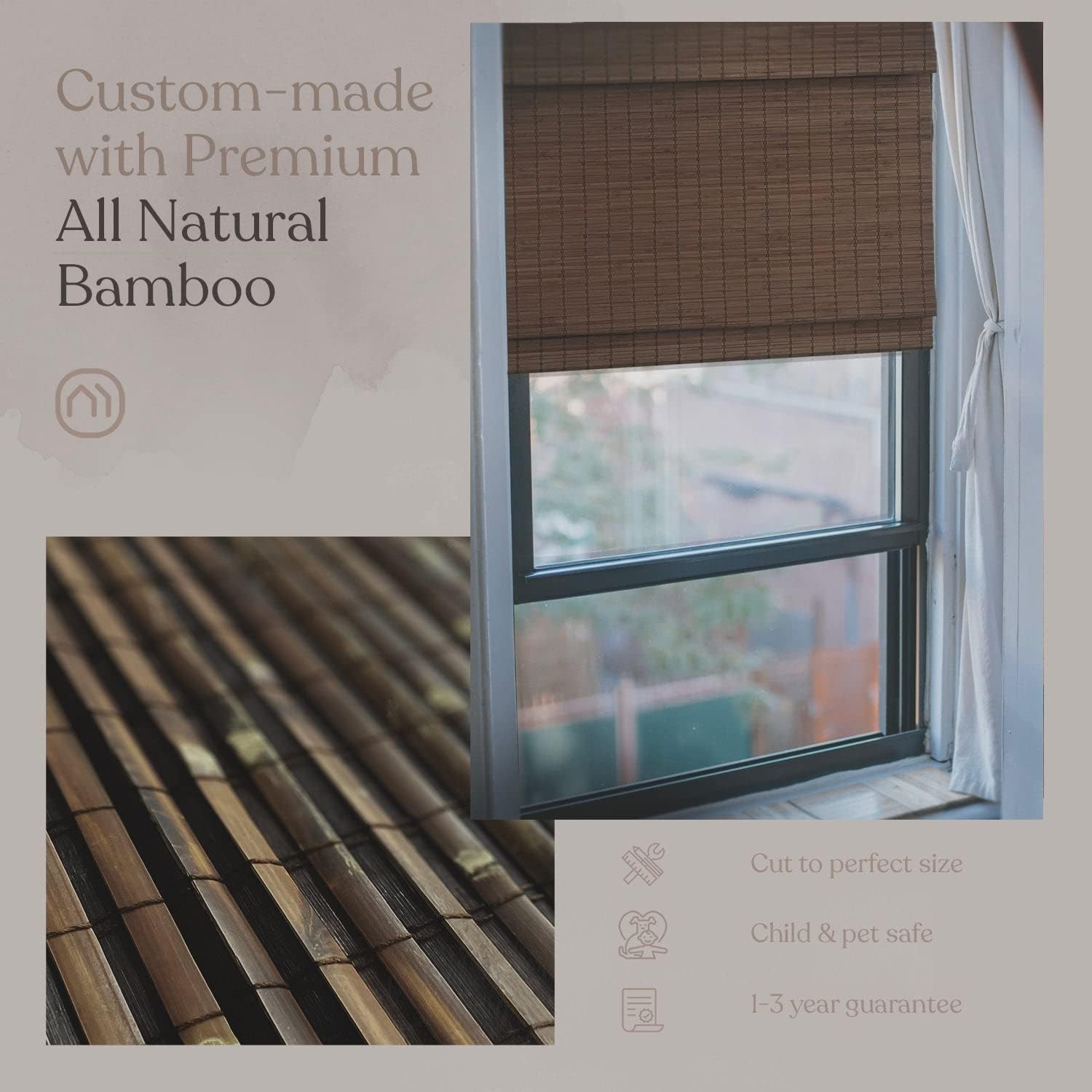 MOOD Custom Bamboo Shades | Natural | Cordless Bamboo Roman Shades for Windows and Doors (Natural Woven) | Natural Forestwood (Great Privacy) | 31.5" W X 72" H