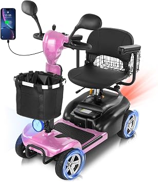 35 Miles 4 Wheels Mobility Scooter for Seniors/Adults Up to 300LBS,7MPH Electric Wheelchair Detachable Lithium Battery,Dual Baskets,Taillight with Mirror,USB Charging Pink with Mirror