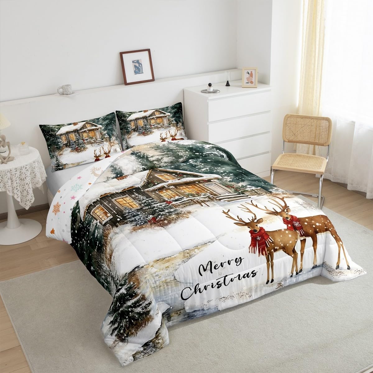 Merry Christmas Comforter Set Queen Size,Elk Deer Rustic Cabin Bedding Set for Kids Boys Girls Room Decor,Snowflake Winter Theme Duvet Insert 3Pcs,Wild Animal Woodland Quilt Set,2 Pillowcases