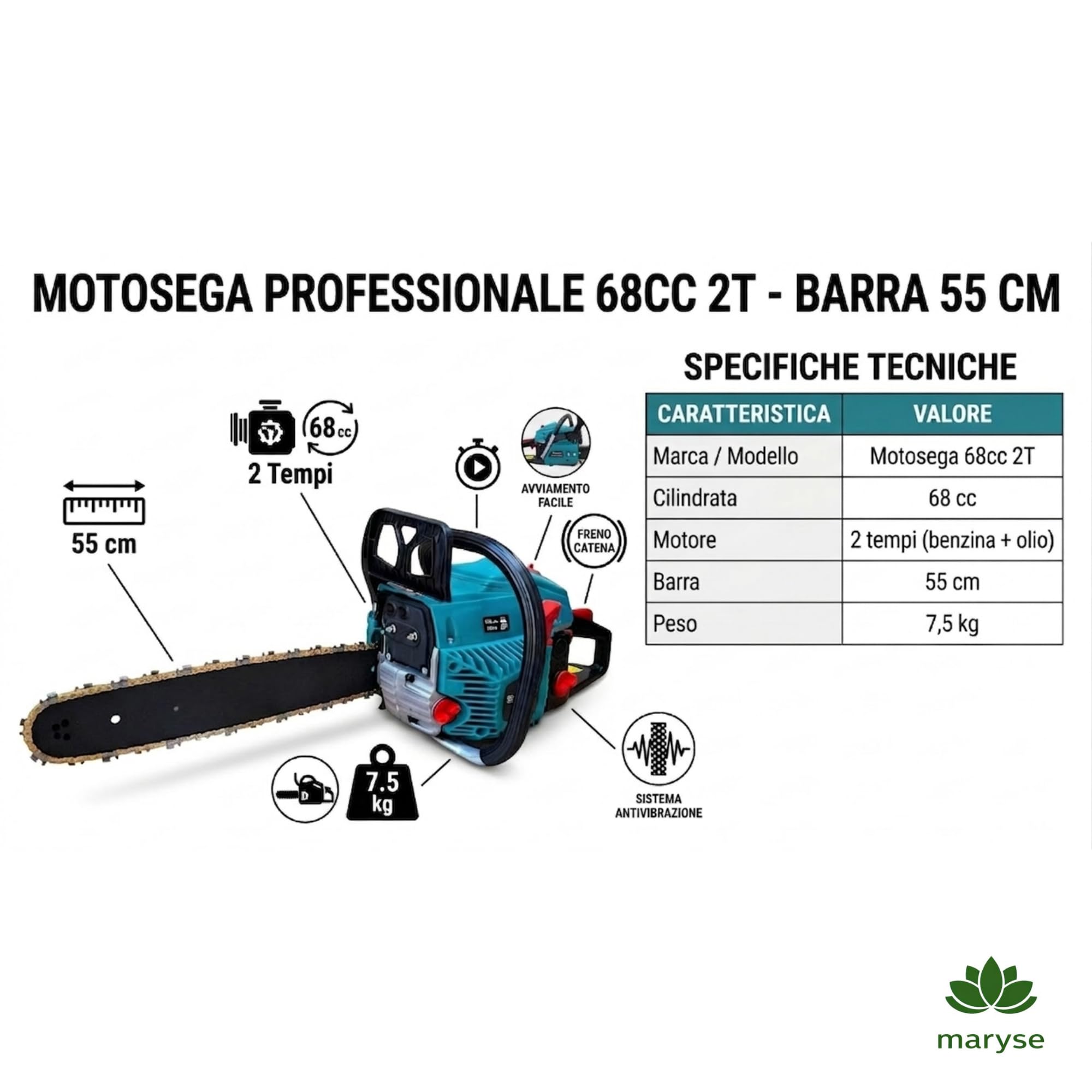Motosega Professionale a Scoppio 68cc - Motore 2 Tempi ad Alte Prestazioni, Barra da 55 cm, Sistema Antivibrazione e Freno Catena di Sicurezza - Ideale per Taglio Legna, Potatura e Abbattimento