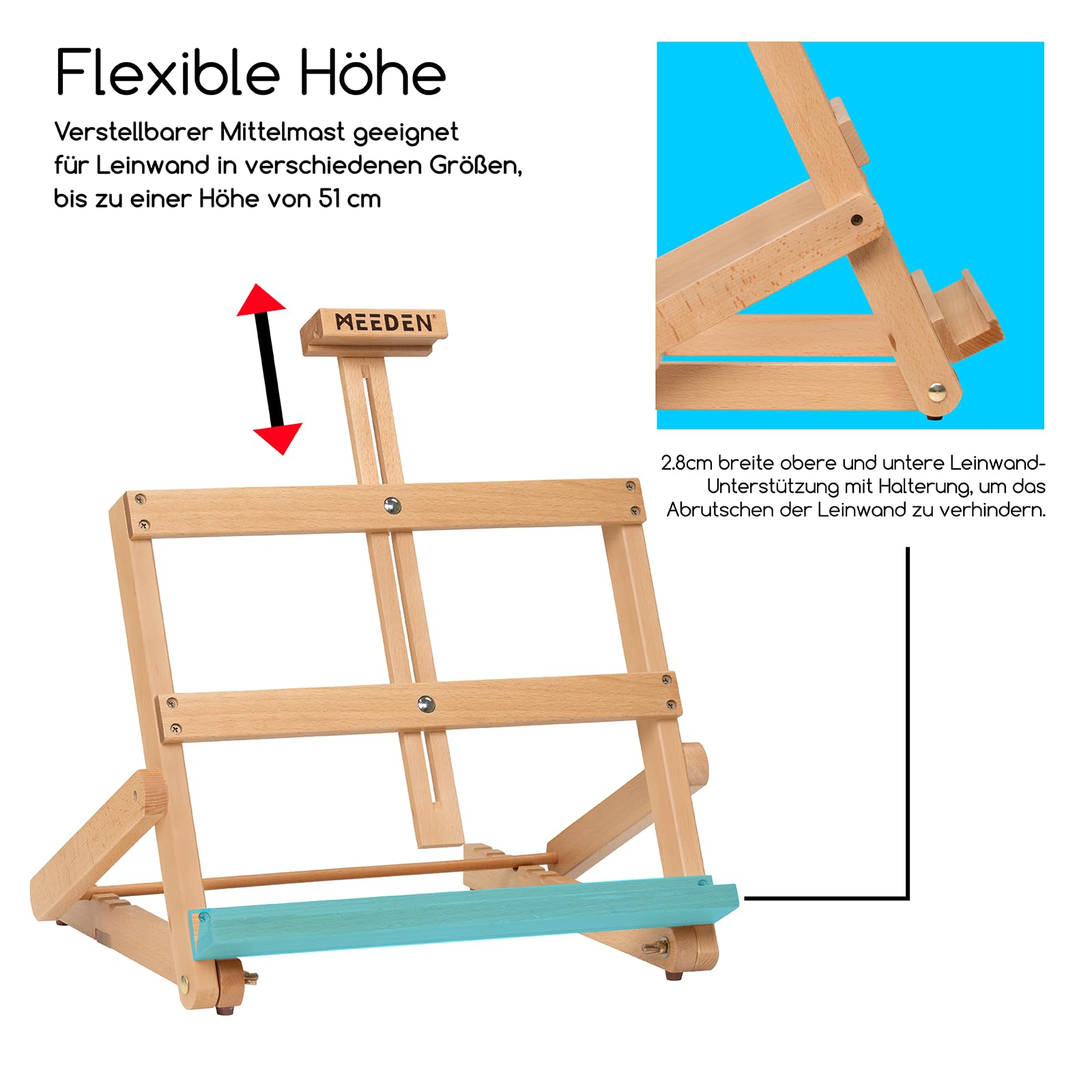 MEEDEN H-förmige Tischstaffelei Holz, Verstellbare Staffelei Tisch aus deutsche Buchenholz, Faltbarer Tragbarer Leinwand Ständer, Display-Staffelei für Gemälde Kunst & Handwerk, Leinwand bis zu 51cm
