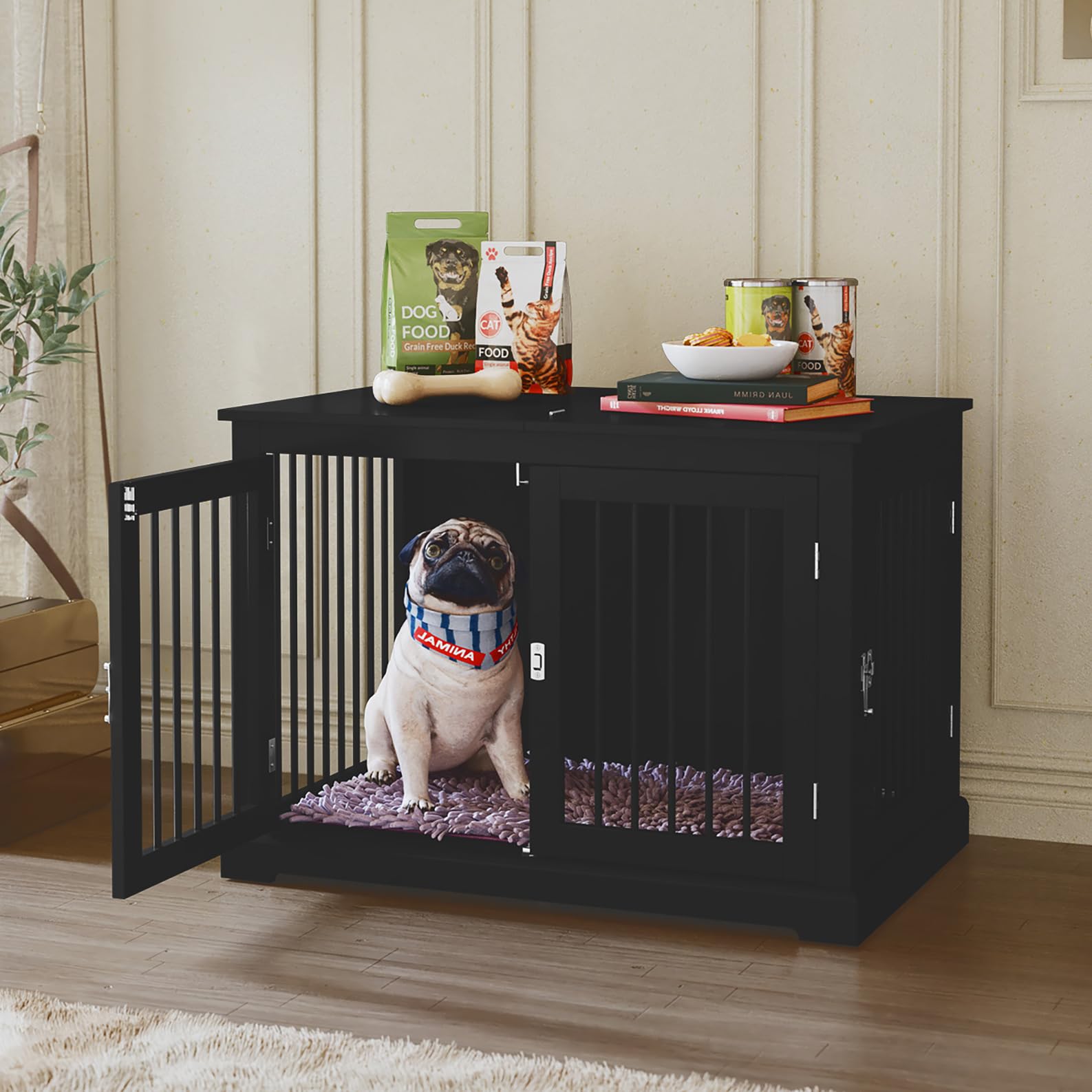 HOLTICO Medium Dog Crate Furniture with Washable Cushion, Wooden Dog Crate Top End Table with 3 Doors, Black Dog Cage for Medium, Small Dogs