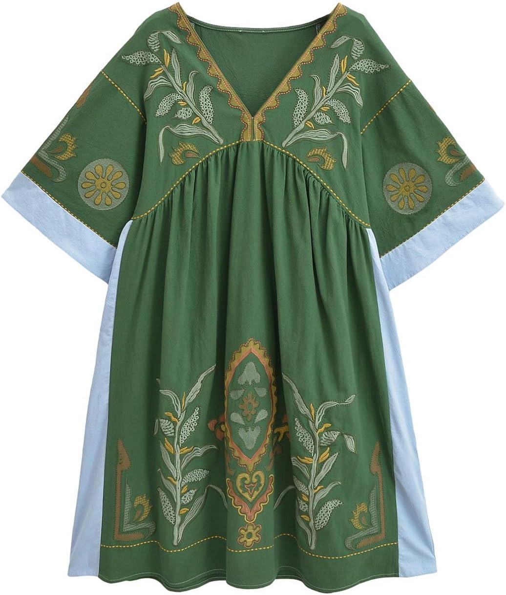 Womens Oversized Floral Embroidered Long Dress with V-Neck and 3/4 Sleeves Vintage Embroidery Babydoll Dress - Image 3