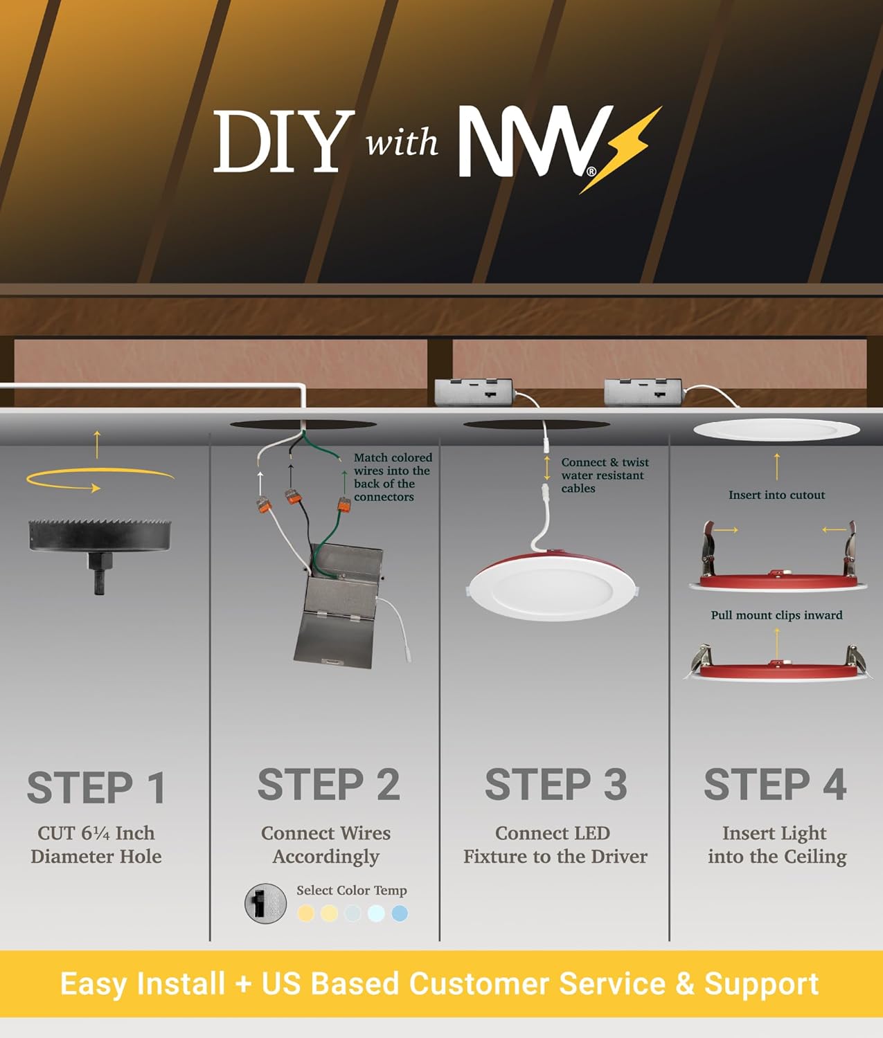 NUWATT 12 Pack 6 Inch 2 Hour FIRE Rated LED Recessed Lighting, 2700K/3000K/3500K/4000K/5000K Selectable, 1200 Lumens Dimmable, Wet & IC Rated Ultra Thin Canless LED Wafer Lights, No Fire Cone Needed - Image 8