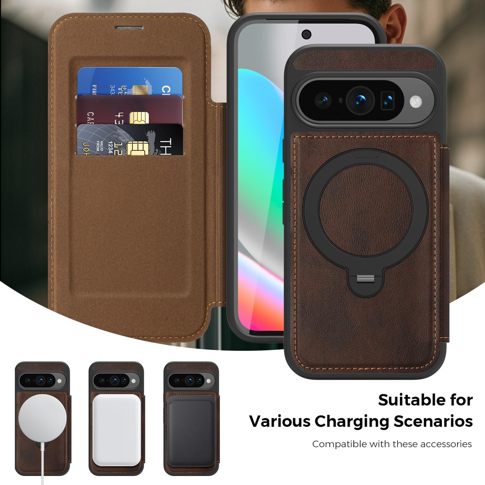 Custodia Per Google Pixel 11 Pro XL/ 11 Pro/ 11, Magnetica Anello Supporto | Portafoglio Flip Cover in Pelle D'epoca Blocco RFID Protezione Completa Caso,Viola,11 Pro