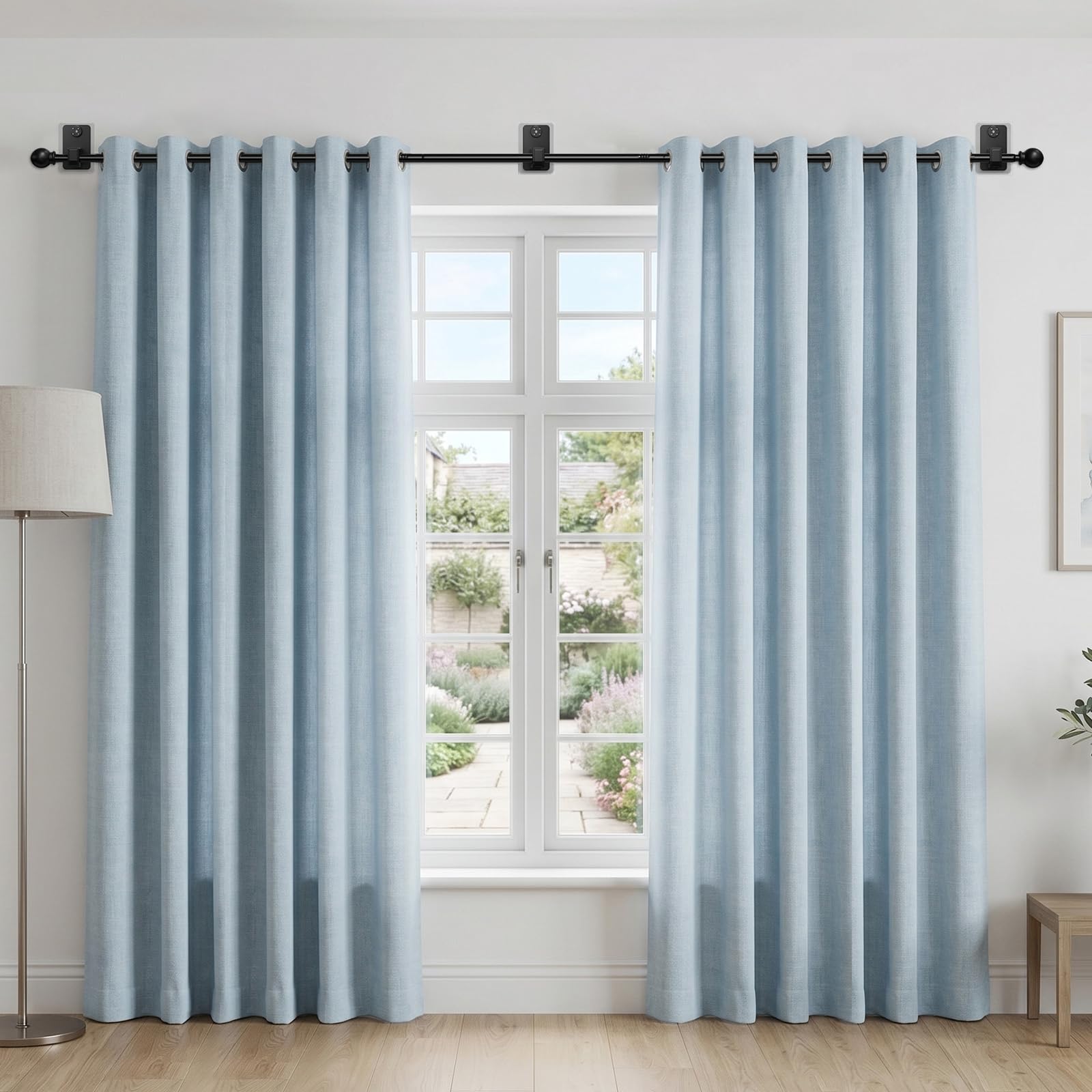 2.0 Pro Gardinenstange Ohne Bohren (with Klebeband und Verdeckte Nägel) 2 Stück 72-231cm 16mm Durchmesser Ausziehbare Vorhangstange Ohne Bohren Schwarze für Leichte Gardinen Mieterfreundlich