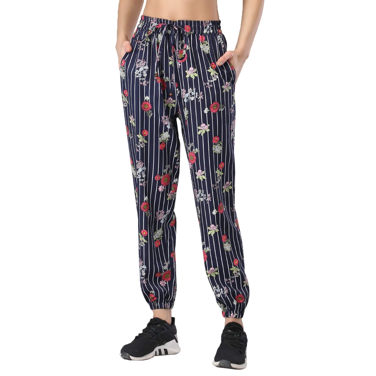 Women's Navy Blue Floral Print, Elastic Waistband, Two Pocket with Drawstring Sweatpants