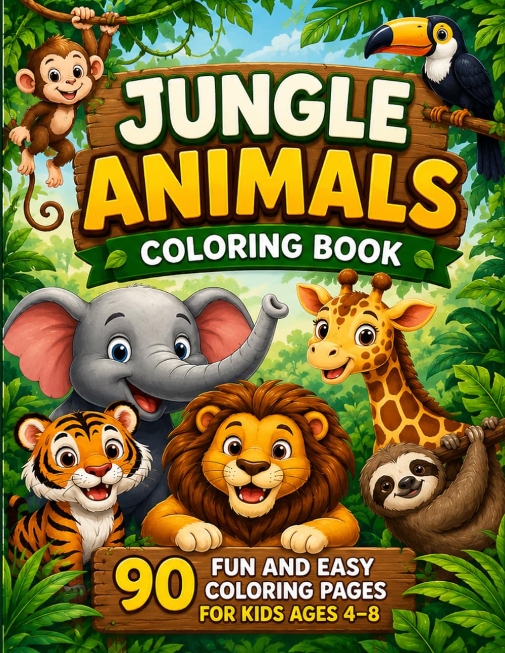 Jungle Animals Coloring Book for Kids: 90 Fun and Easy Jungle Animal Coloring Pages with Big Bold Outlines for Ages 4–8