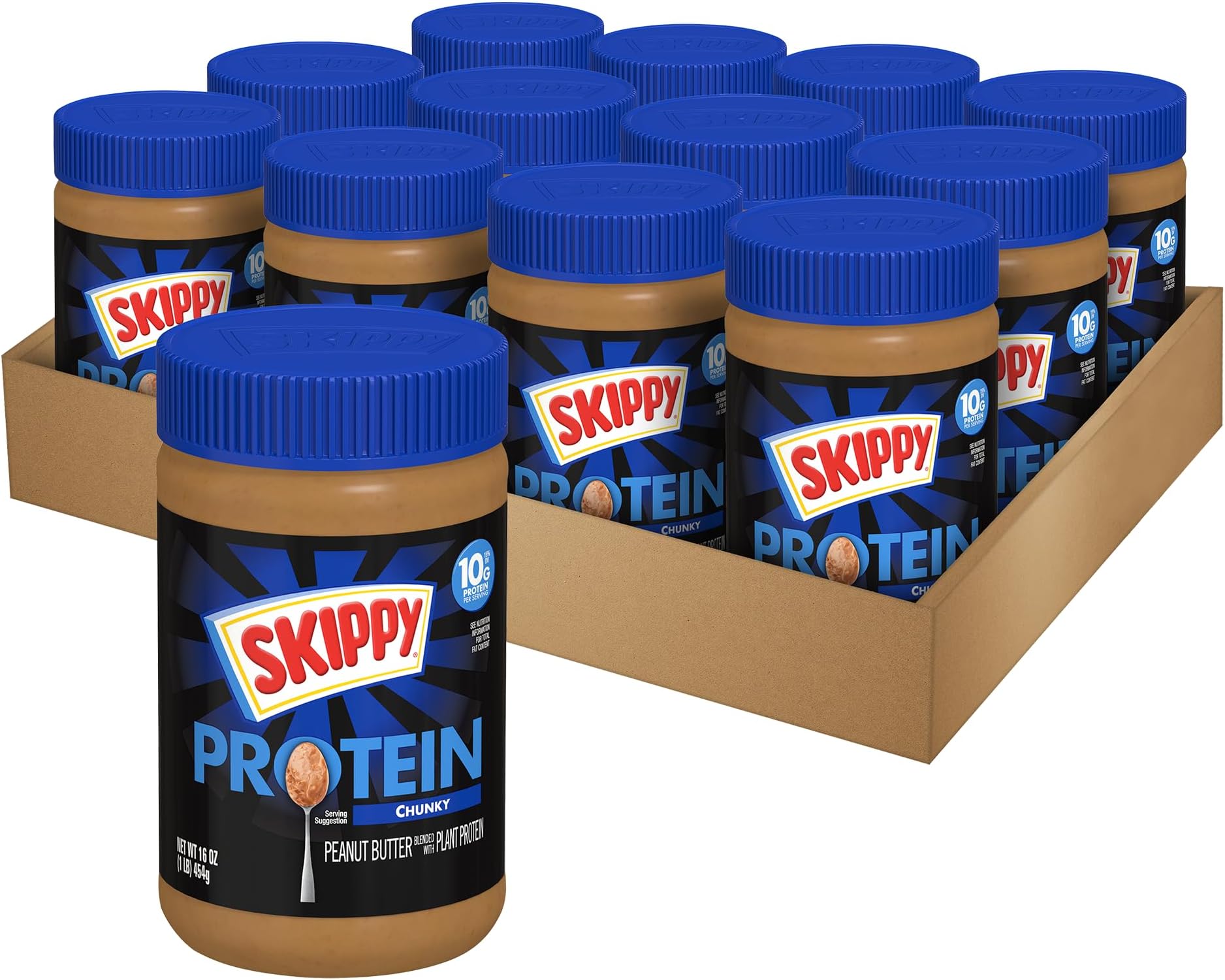 Chunky Peanut Butter Blended with Plant Protein, 16oz Plastic Jar, 12 Pack