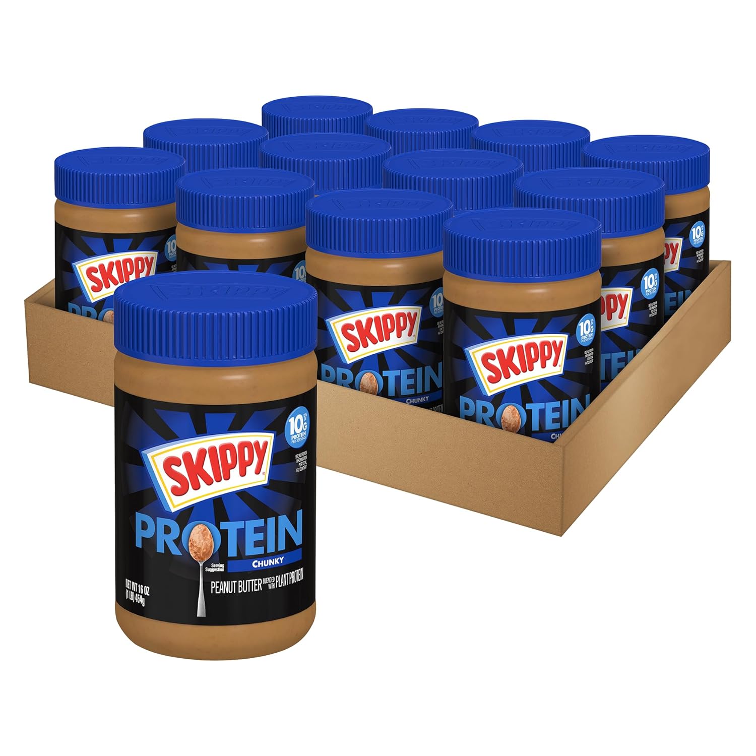 Skippy Chunky Peanut Butter with Plant Protein, 10g Protein per Serving, Gluten-Free 16oz Jars, 12 Pack Pantry Staple