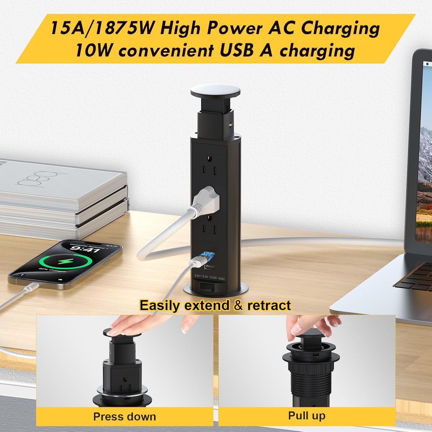 Pop Up Electrical Outlet for Countertop, Recessed Power Strip with 3 AC Outlet & 2 USB Ports,2.5" Hole Pull Pop Up Socket Hidden Outlets, Pop Out Power Outlet for Kitchen Counter Conference Desk