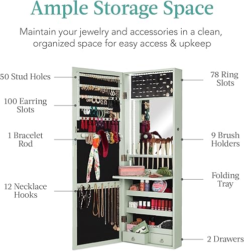 Miniatura 4 de Best Choice Products Armario de joyería con espejo LED, organizador de joyas con cerradura para pared o puerta con espejo, 2 cajones, cerradura,