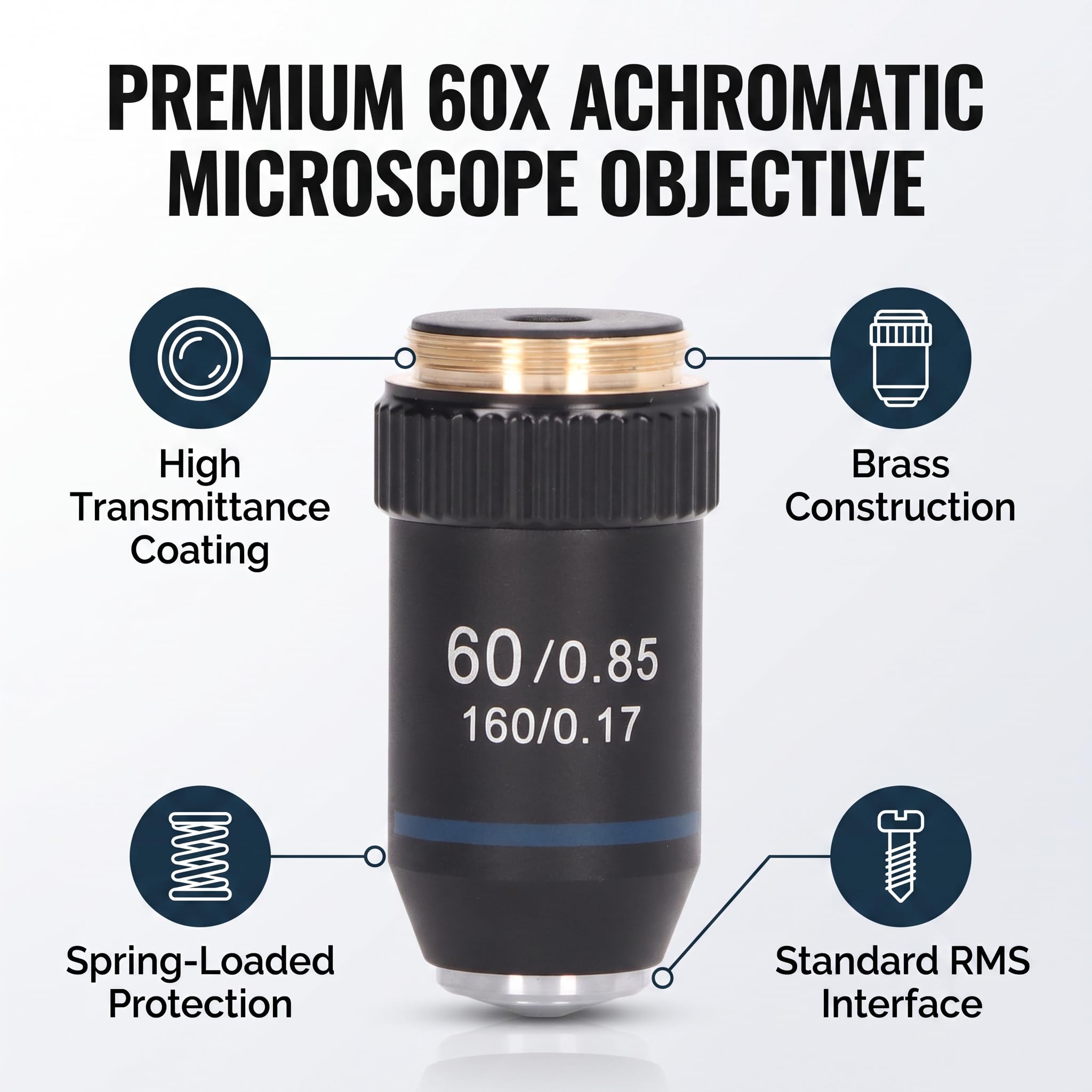 Microscopio Acromático, Objetivo Acromático, Lente de Microscopio de Alta Potencia 60X de Rebote Automático de Transmisión de Luz Alta de Latón para Biología, Boroscopios