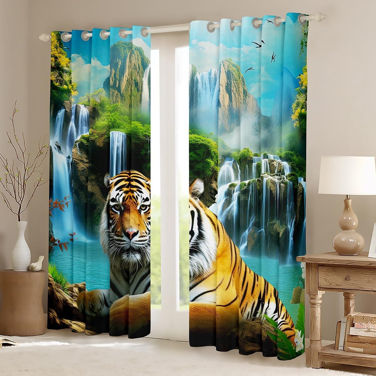 Tiger Window Curtains Waterfall Rainbow Curtain Panels Safari Animals Window Drapes For Kids Boys Girls Crane Birds Mountain Jungle Fresh Nature Window Treatments Living Room Decor 52W"x96L"