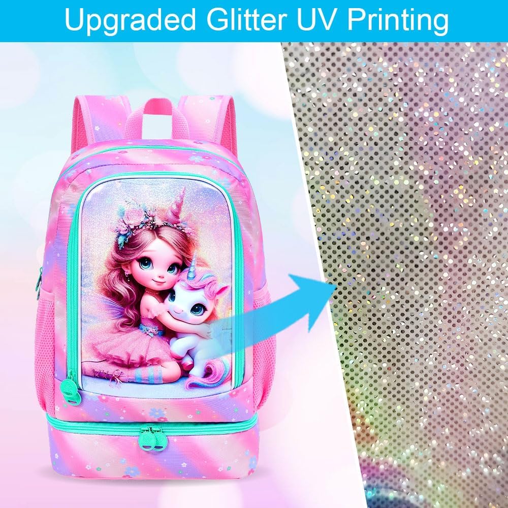 gxtvo 2-in-1 Unicorn Bookbag for Girls, 17" Kids backpack with Built-in Bottom Lunch Compartment and Pencil Bag, Water-Resistant School Bag for Elementary Preschool Toddler - Fairy with Unicorn