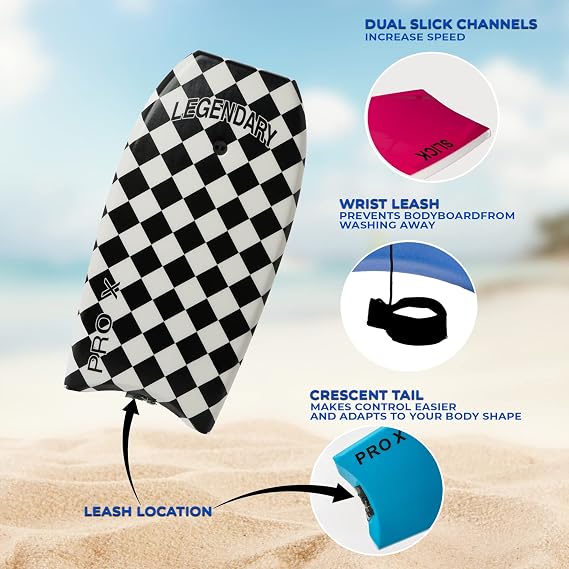 Legendary Pro X Bodyboard for Beach with Hard Slick Bottom, Boogie Boards for Kids & Adults, Heat Sealed with EPS Core, Leash