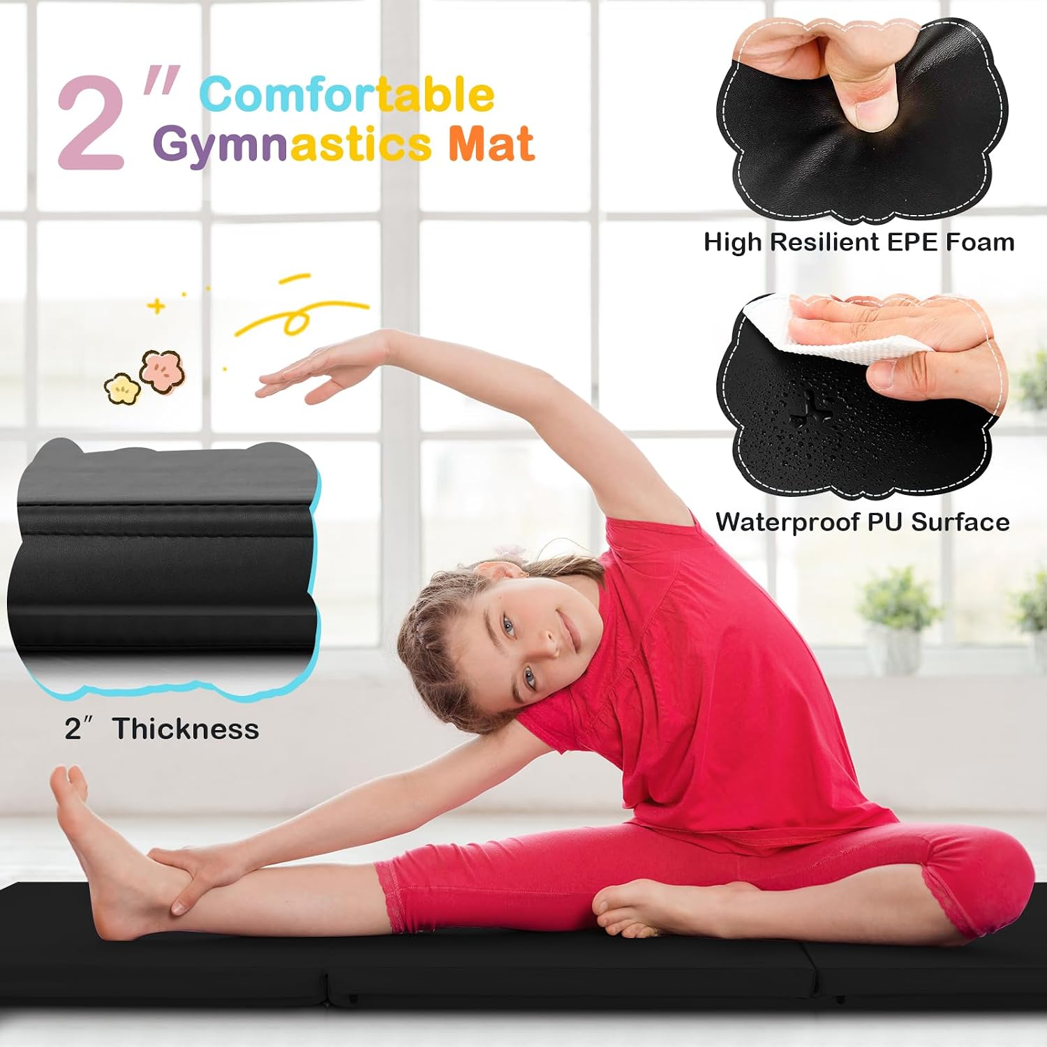 GYMAX Folding Gymnastics Mat, 6 FT x 2 FT x 2 Inches Exercise Mat w/Carrying Handles, Waterproof PU Leather, Hook & Loop Fasteners, Portable Tumbling Mat for Yoga Home Gym