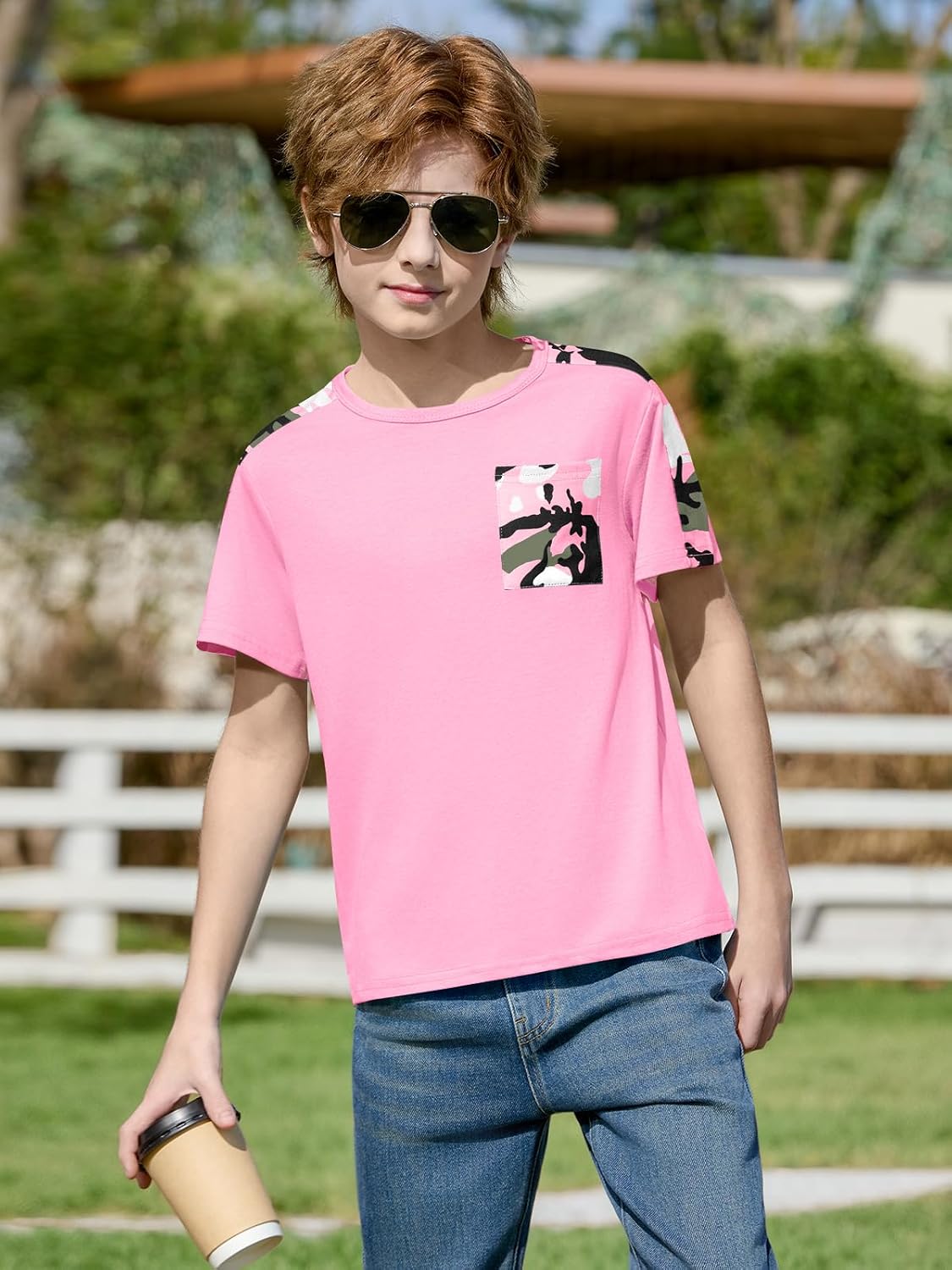 Haloumoning Boys Short Sleeve Shirts Kids Summer Camouflage Colorblock T-Shirts Casual Tops Tees with Pocket 5-14 Years
