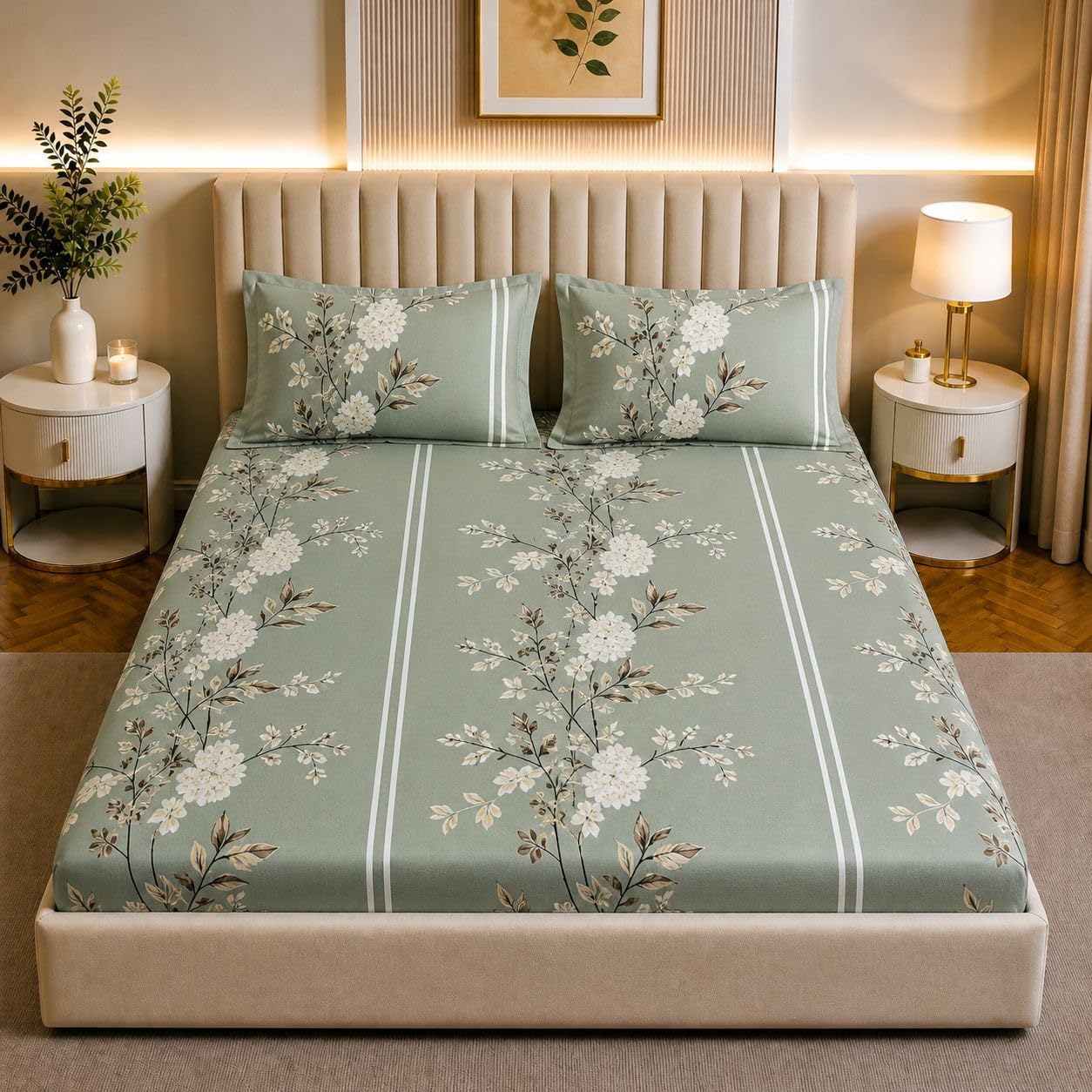 VARADA Glace Cotton Fitted Bedsheets with 2Pcs Matching Pillow Cases | 300TC King Size Elastic Fitting Bedsheet - 72 x 78 Inches | Fits Upto 8 Inch Mattress | Lightweight & Skin-Friendly-image-40