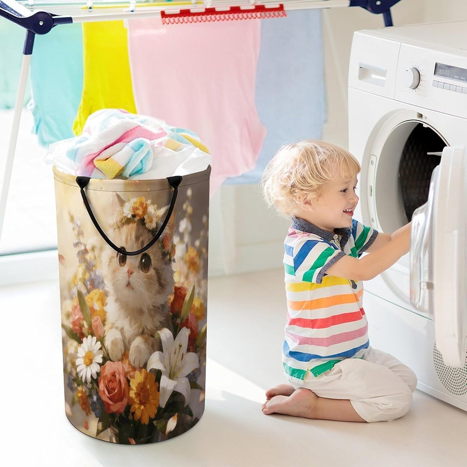 Flower Fell Into Miao's Arms. Laundry Hamper 86L Waterproof Collapsible Clothes Basket with Double Handles Freestanding Foldable Laundry Basket Large Clothes Hamper for Bathroom