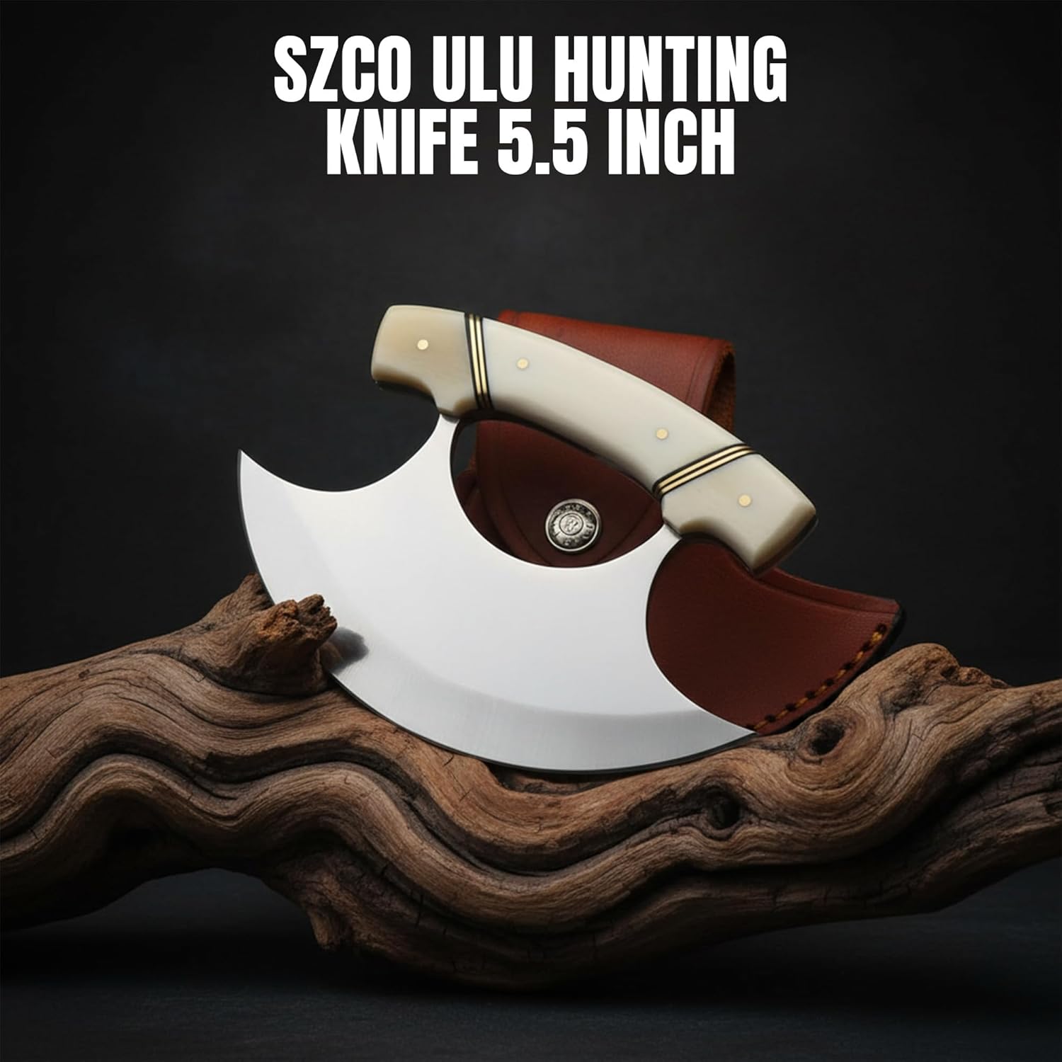 SZCO ULU Hunting Knife 5.5 Inch - Camping Knife with Handle, Stainless Steel Crescent Blade & Sheath for Hunting, Camping & Outdoor uses (Bone Handle)