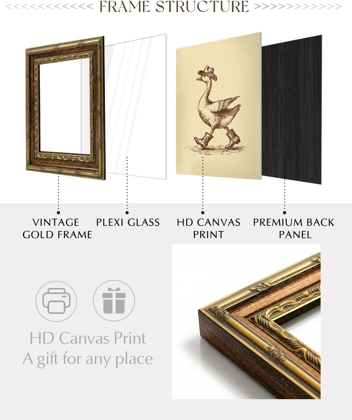 ARPEOTCY Gold Framed Glass Wall Art, 12x16inch, Trendy Cowboy Duck Modern Maximalist Artwork Funny Animal Canvas Paintings, Western Home Decor, Retro Farmhouse Rustic Decor for Bedroom Living Room Kitchen