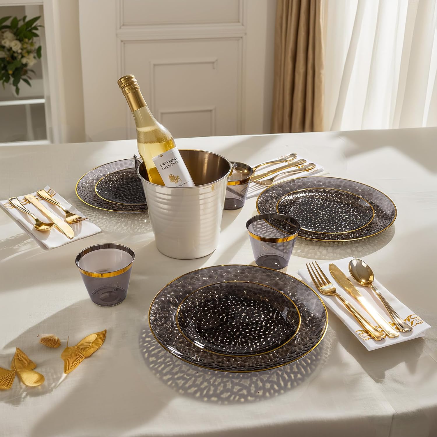 DaYammi 350PCS Clear Black and Gold Plastic Dinnerware Set for Party, Hammered Disposable Plates for Party, Include: 50 Dinner Plates, 50 Dessert Plates 150 Gold Silverware 50 Napkins 50 Cups - Image 4