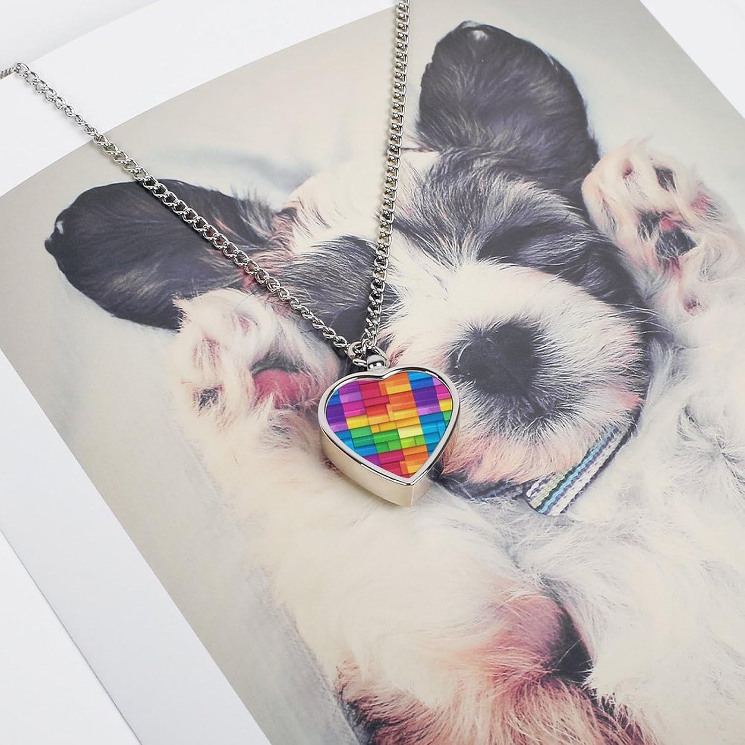 Rainbow Colorful Blocks Print Pet Urn Necklace Ashes Cremation Pendant | Personalized Jewelry,Gifts for Dog Lovers