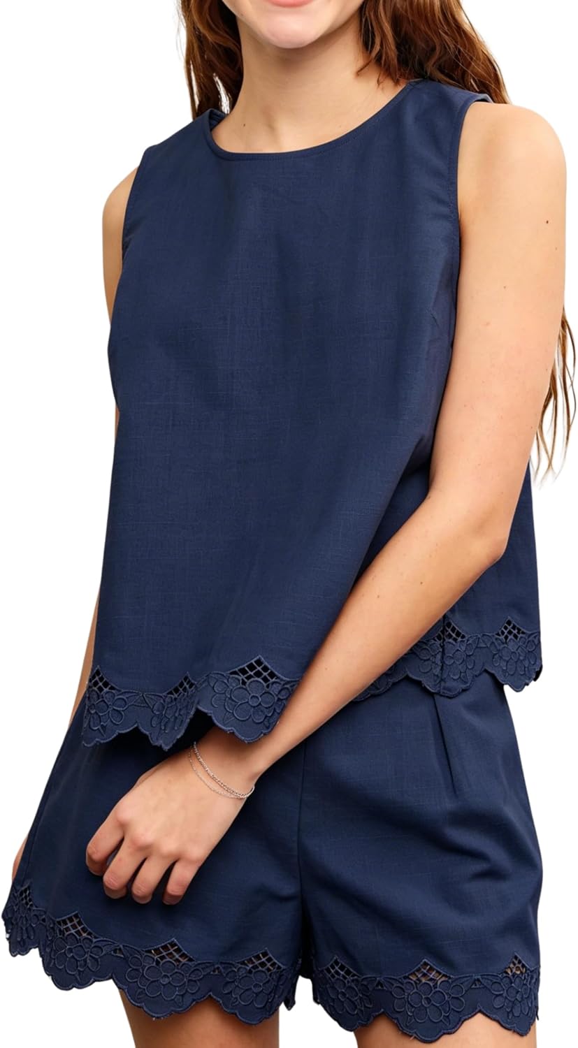 Women Trendy 2 Piece Outfits Shorts Sets Round Neck Sleeveless Scallop Embroidered Edge Top and Bottom