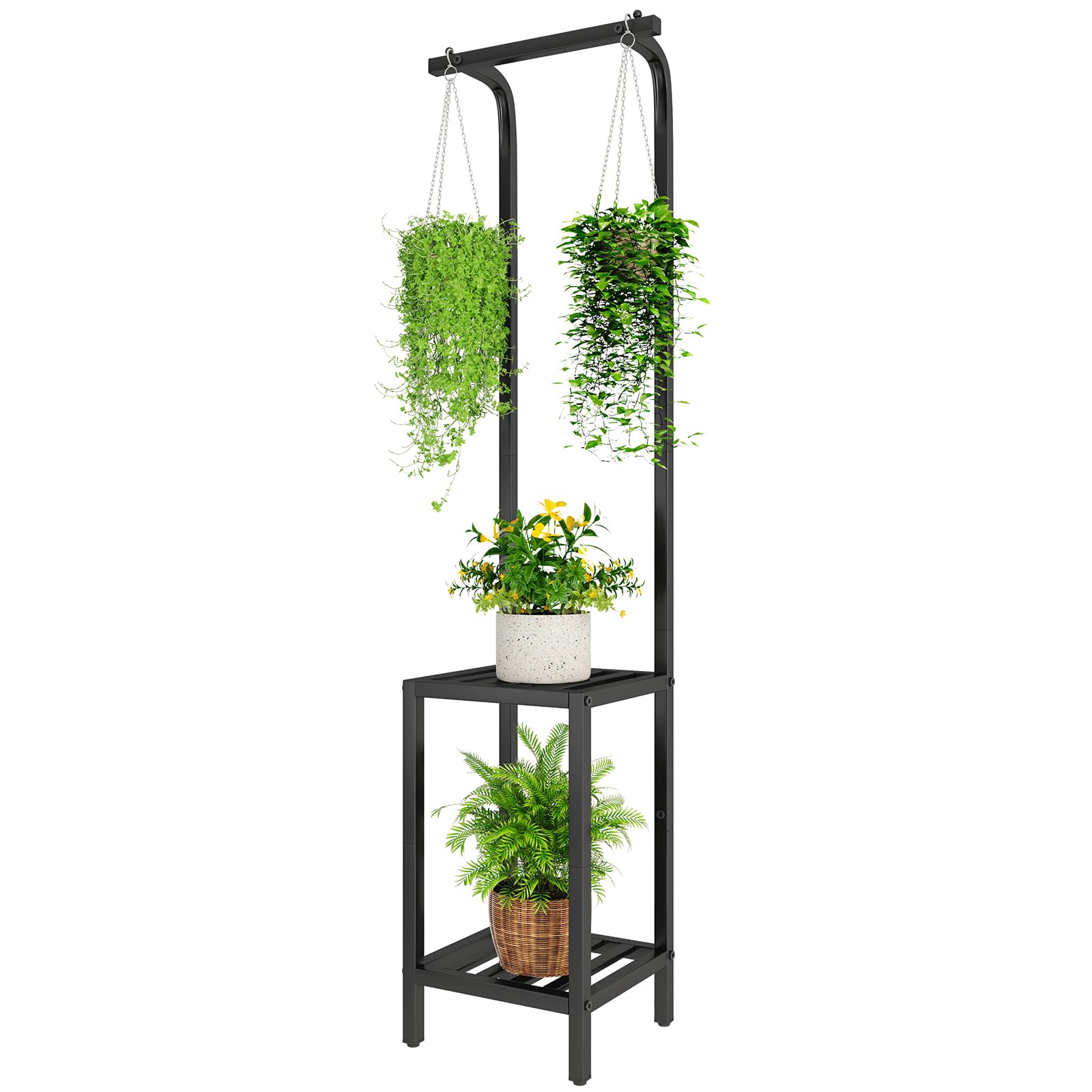 IBUYKE 170cm Wysoki Stojak na Rośliny do Wnętrz i Na Dworze, 3-poziomowy Wiszący Stojak na Kwiaty z Metalu, Stojak na Rośliny Drzwi do Kwiatów do Salonu, Balkonu, Ogrodu, Czarny TMJ076B