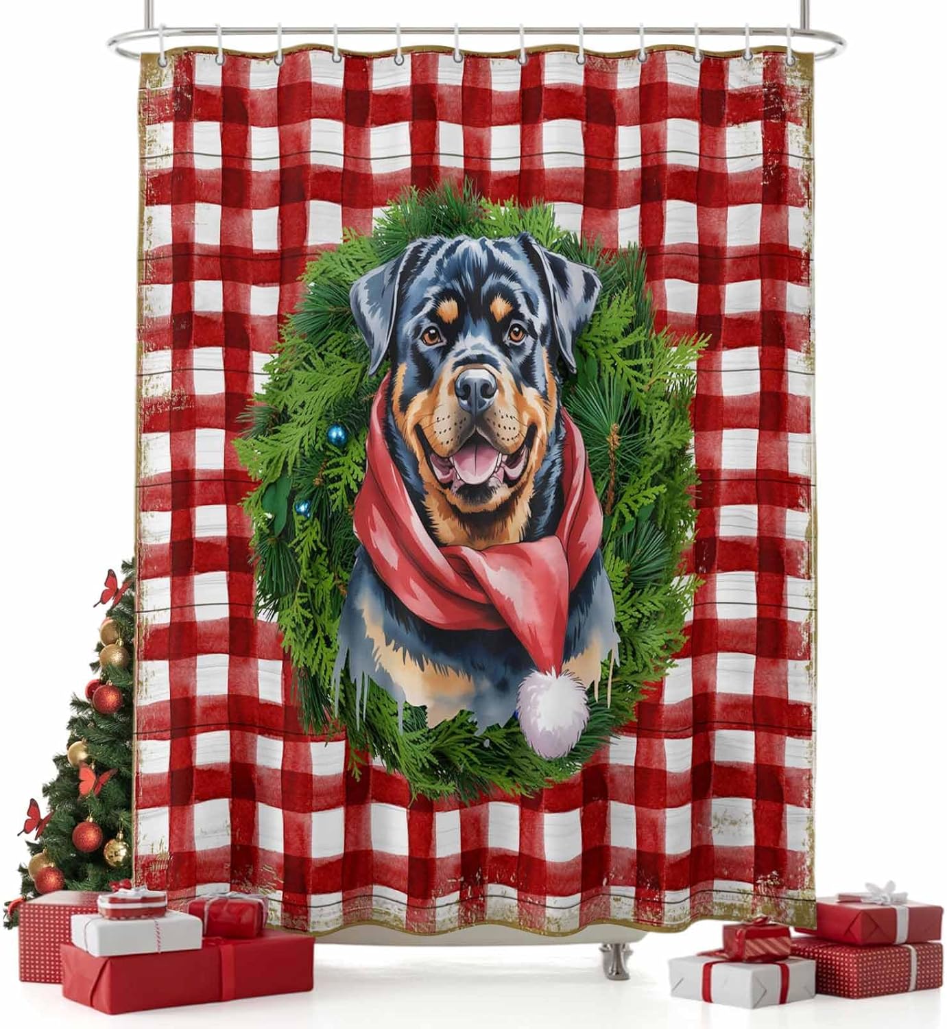 Shower Curtain for Bathroom Christmas Rottweiler Dog Bow Pine Wreath Waterproof Bath Curtains Grommet Shower Curtains with Hooks for Bathtubs Toilet Decor 54×78in Vintage White and Red Plaid