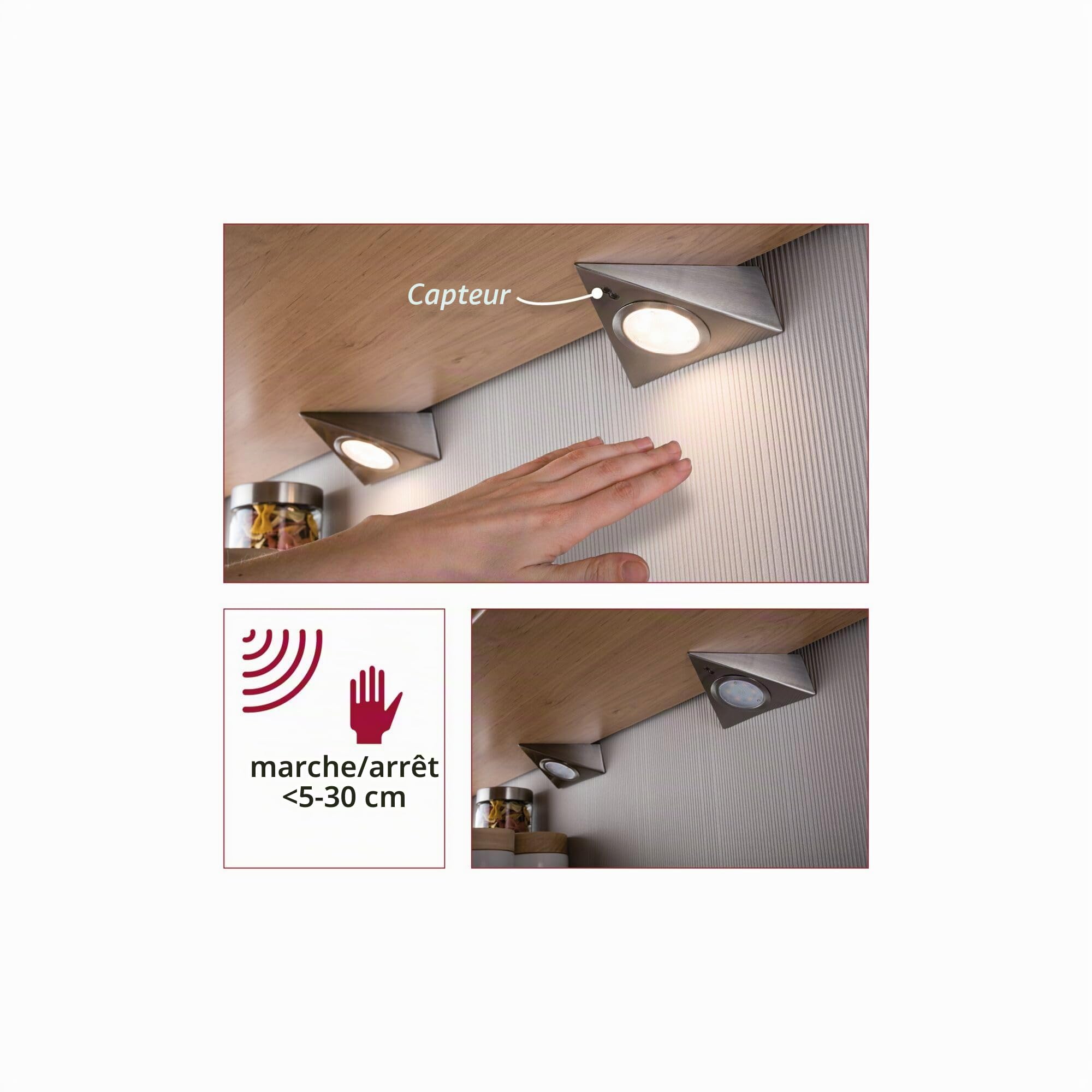 Paulmann 93572 Kit éclairage meuble LED capteur 3x2,8W acier 2700K
