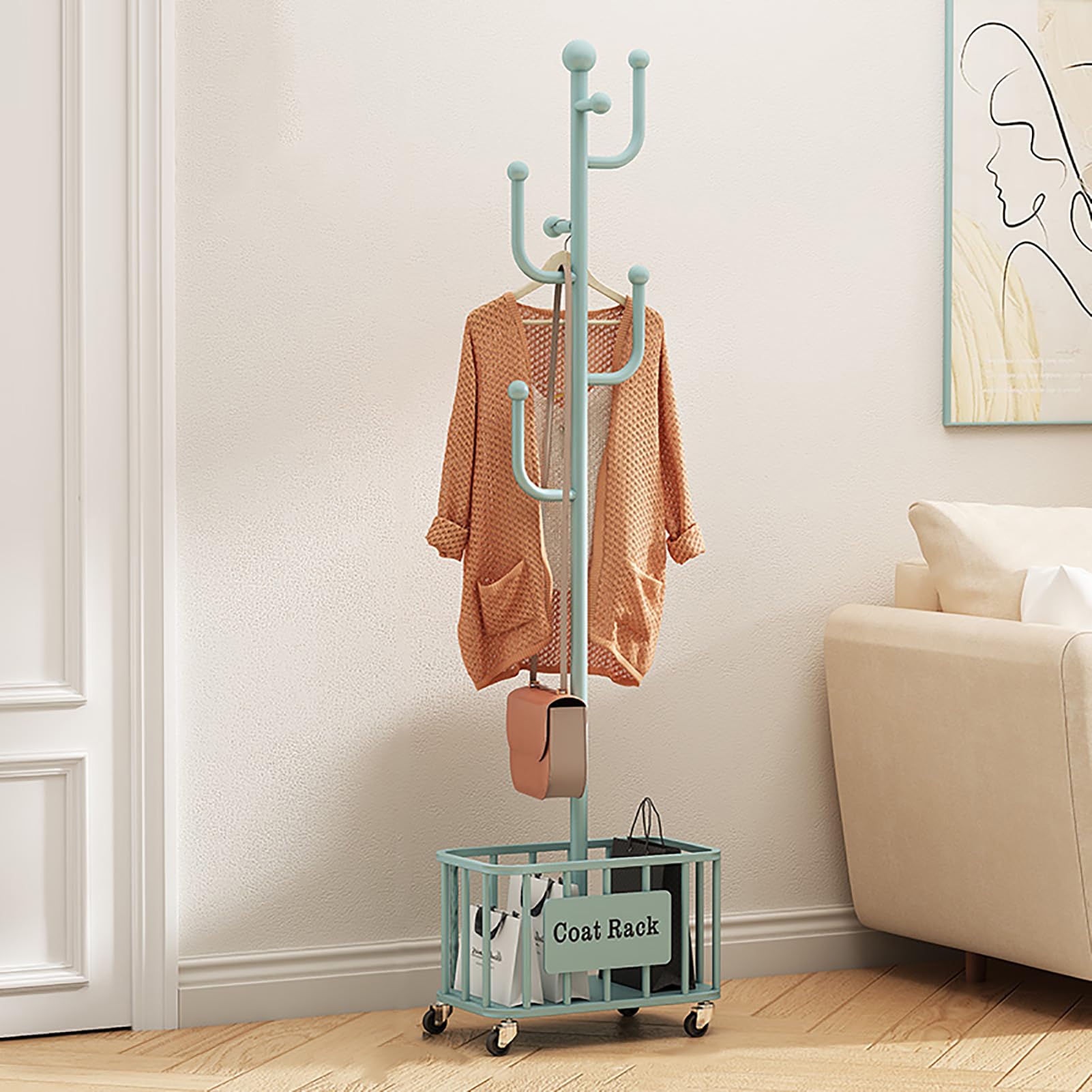 Fini le désordre : porte-manteau multifonction avec panier à linge roulant vert 170 cm