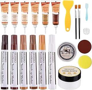 SEISSO Wood Furniture Repair Kit, 6 Colors Wood Fillers and Touch Up Markers, Wooden Putty, Wood Polish Wax for Repair Scratches, Stains, Cracks of Laminate, Door, Table, Cabinet, Floor