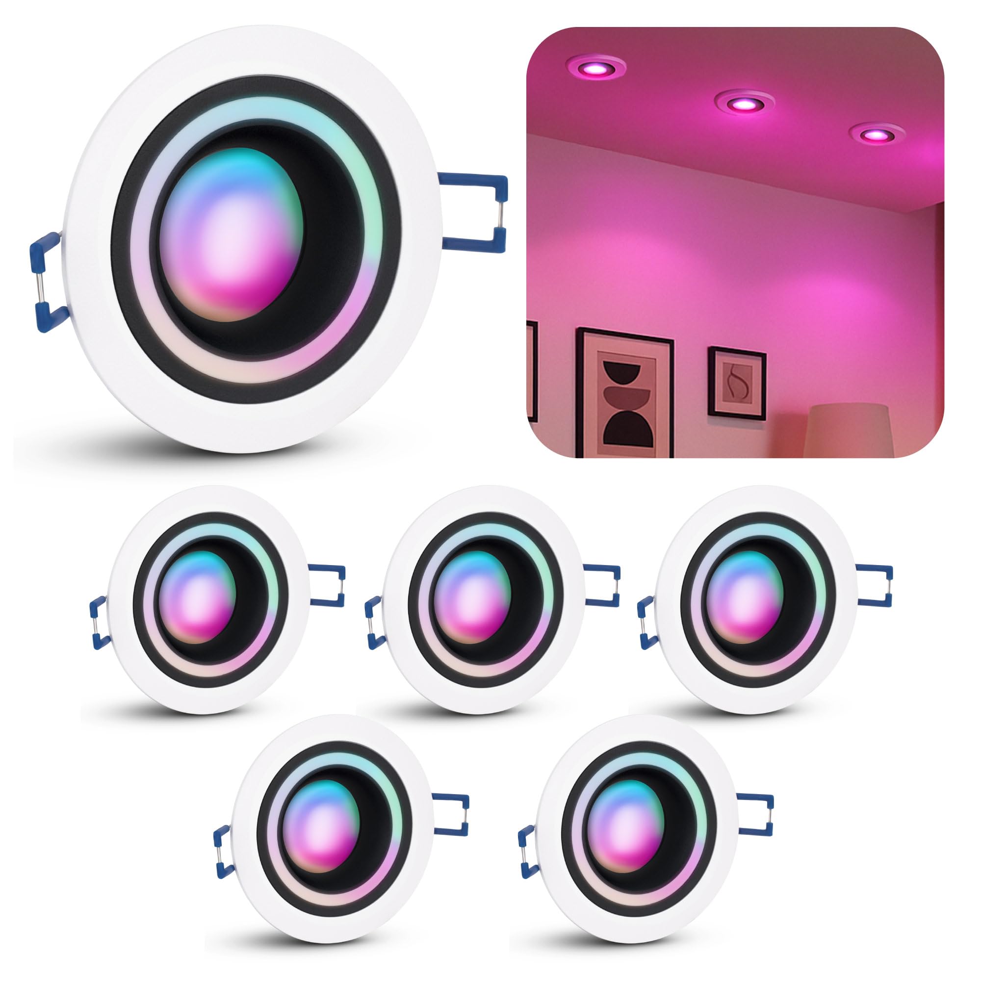SSC-LUXon Matapo Einbaustrahler 6x weiß Smart RGBW Modul WLAN Lichtring | Sechs smarte Design-Deckenspots weiß mit Lichtring - RGBW LED-Modul, 16 Mio Farben per App & Sprache, WLAN ohne Hub