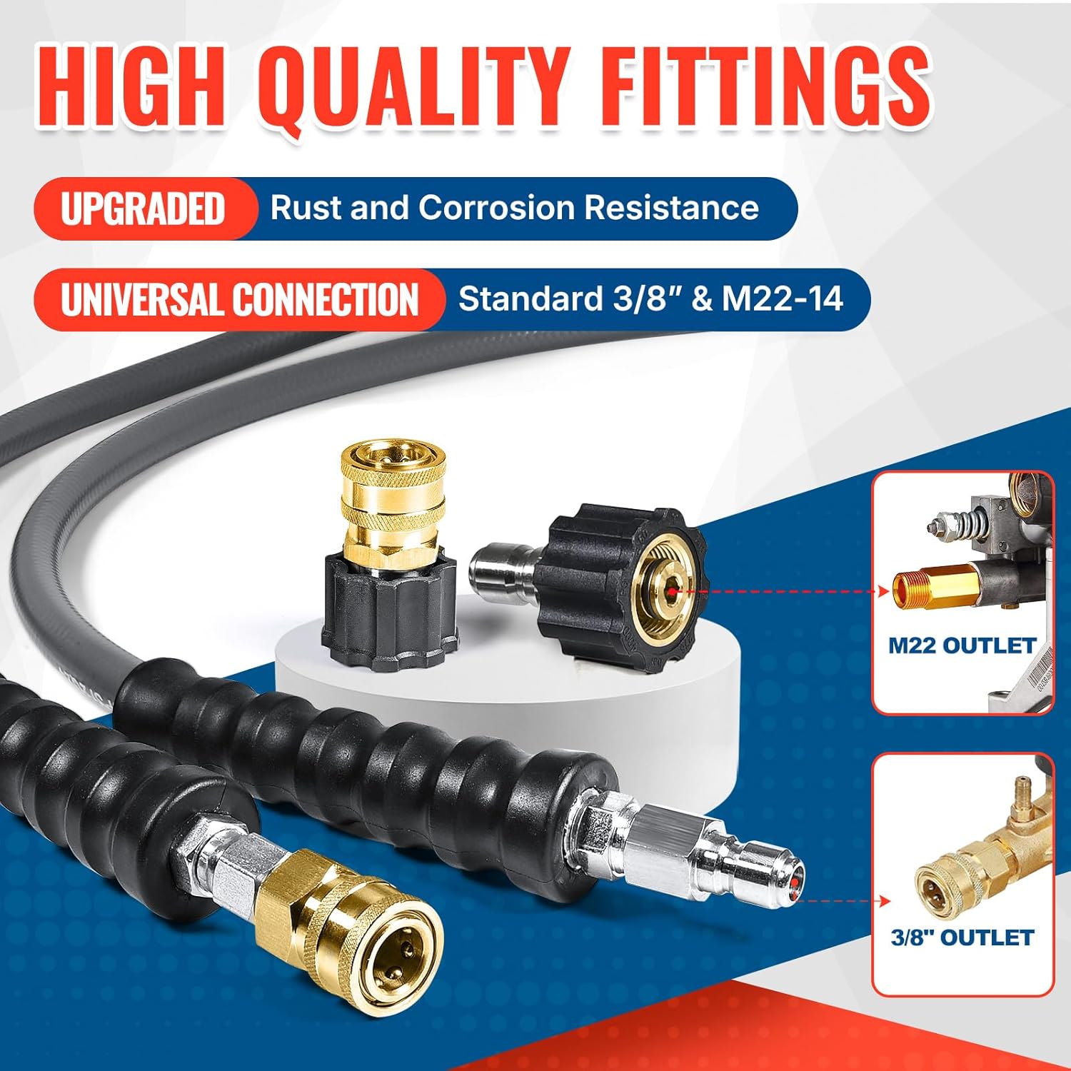 YAMATIC 3/8" ID Pressure Washer Hose 50 FT with Swivel 3/8" Quick Connect, 3/8" x M22-14mm Adapters, Non-Marking 4200PSI Steel Wire Braided Replacement for Hot/Cold Water Power Washers