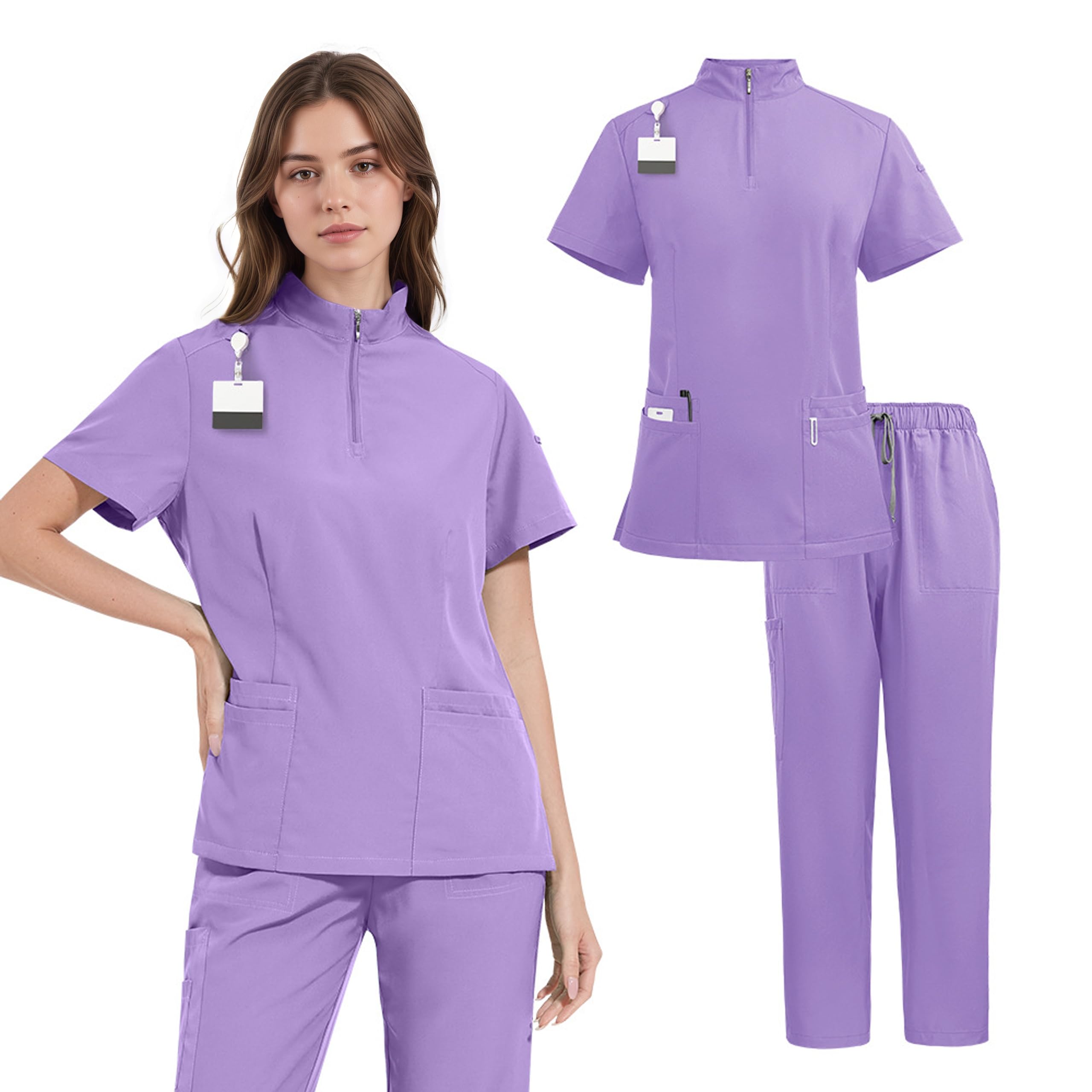 ThreeH Set Pantaloni e Camice per Uomo e Donna Divise mediche e sanitarie Camice con Colletto Alto e Pantaloni Jogger con Cintura in Vita e Tasche Multiple