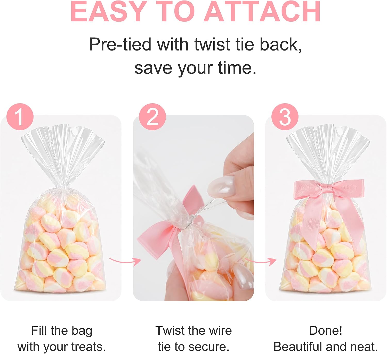 AIMUDI Baby Pink Satin Ribbon Bows 2.5" Pre-Tied Twist Tie Bows for Treat Bags Candies Cake Pops Gift Wrapping Baby Shower Wedding Birthday Party Favors 50 PCs image 5