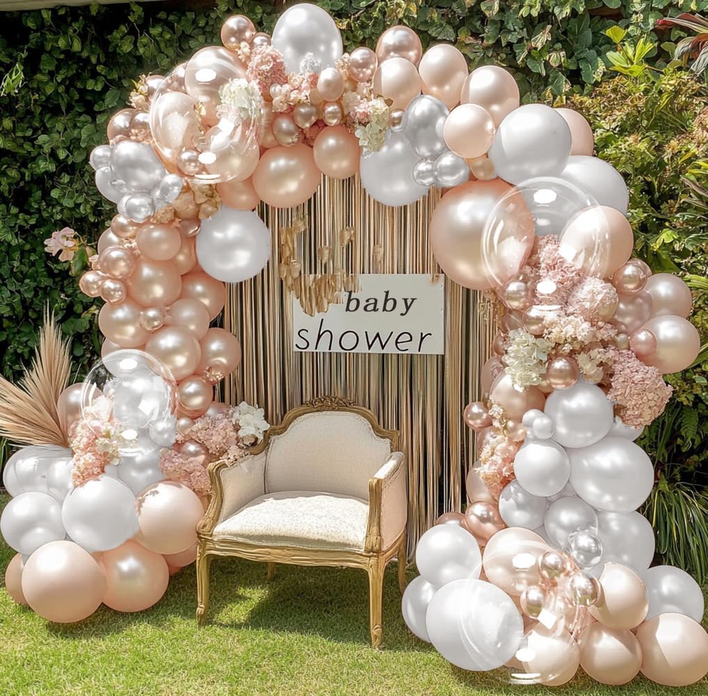 Pearl Balloon Garland Double Stuffed Pearl White Rose Gold Balloon Arch Kit Different Sizes With Clear Bobo Balloon for Birthday Baby Shower Anniversary Wedding Party decor