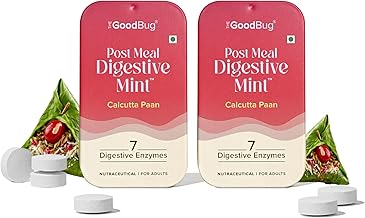 The Good Bug Post Meal Digestive Mints – Calcutta Paan | Post Meal Digestion Booster | 7 Digestive Enzymes | Helps Reduce Post-Meal Heaviness, Bloating, Acidity & Discomfort | No Added Sugar | 28 Mints (14 x 2 Packs)