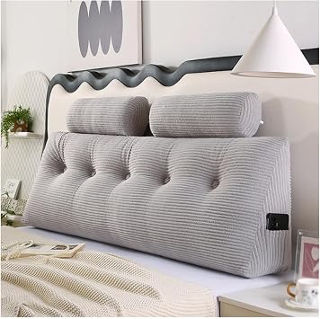 Headboard Pillow Triangular Wedge Pillow for Headboard with Neck Roll Pillow, Large Backrest Pillow with Removable Cover,Bed Wedge Pillow for Reading Sitting BedGris,120x50x20cm 2 Pillows