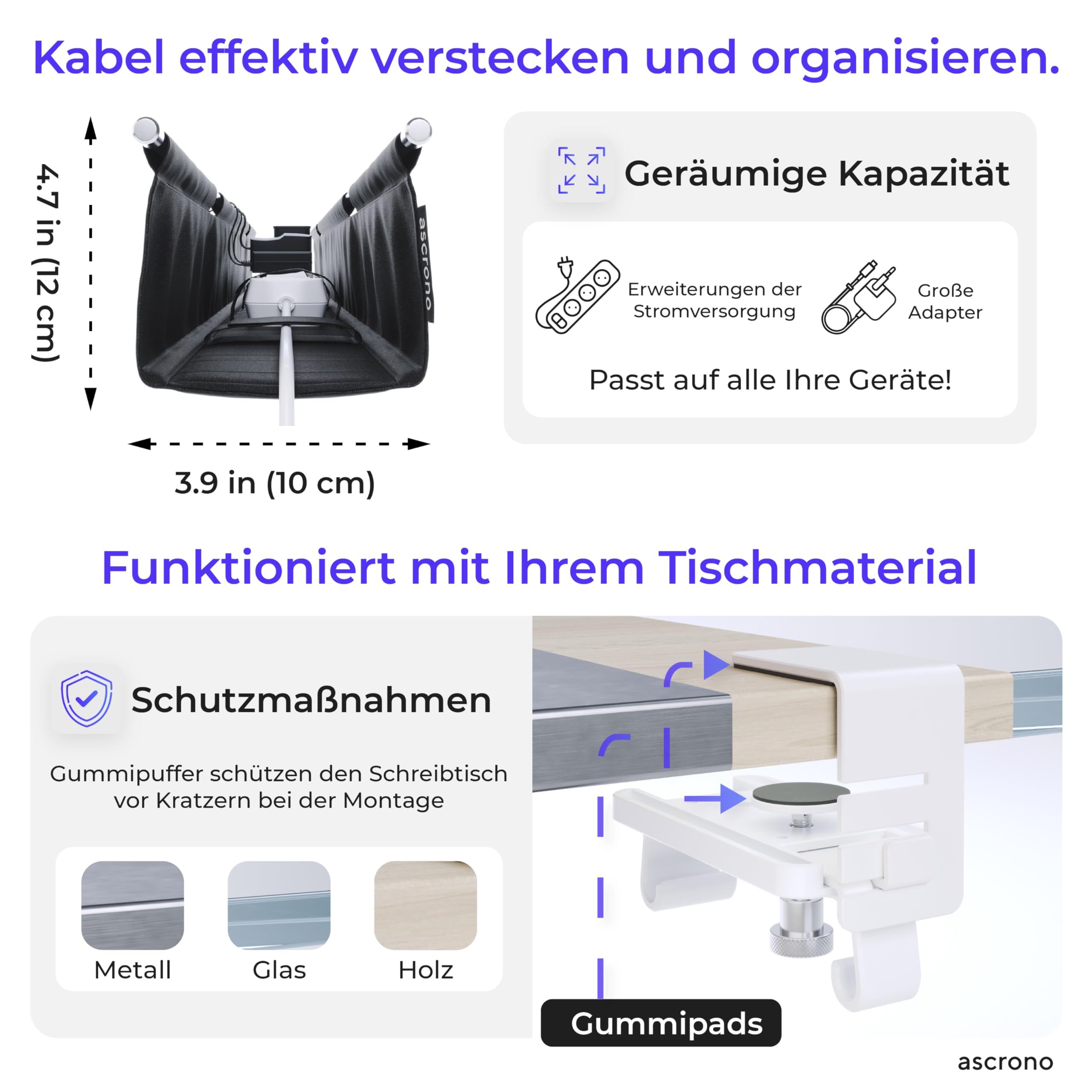CableCare Kabel-Management-Tablett ohne Bohren unter dem Schreibtisch, 103,1 cm, Schreibtischkabel-Organizer für Schreibtisch-Kabelmanagement, Klemm-/Schraubmontage, Kabelablage bis zu 30 kg