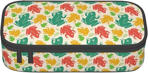 Miniatura 2 de Estuche grande con diseño de ranas coloridas hojas de loto, bolsa para lápices con compartimentos con cremallera, bolsa de lápices de papelería para