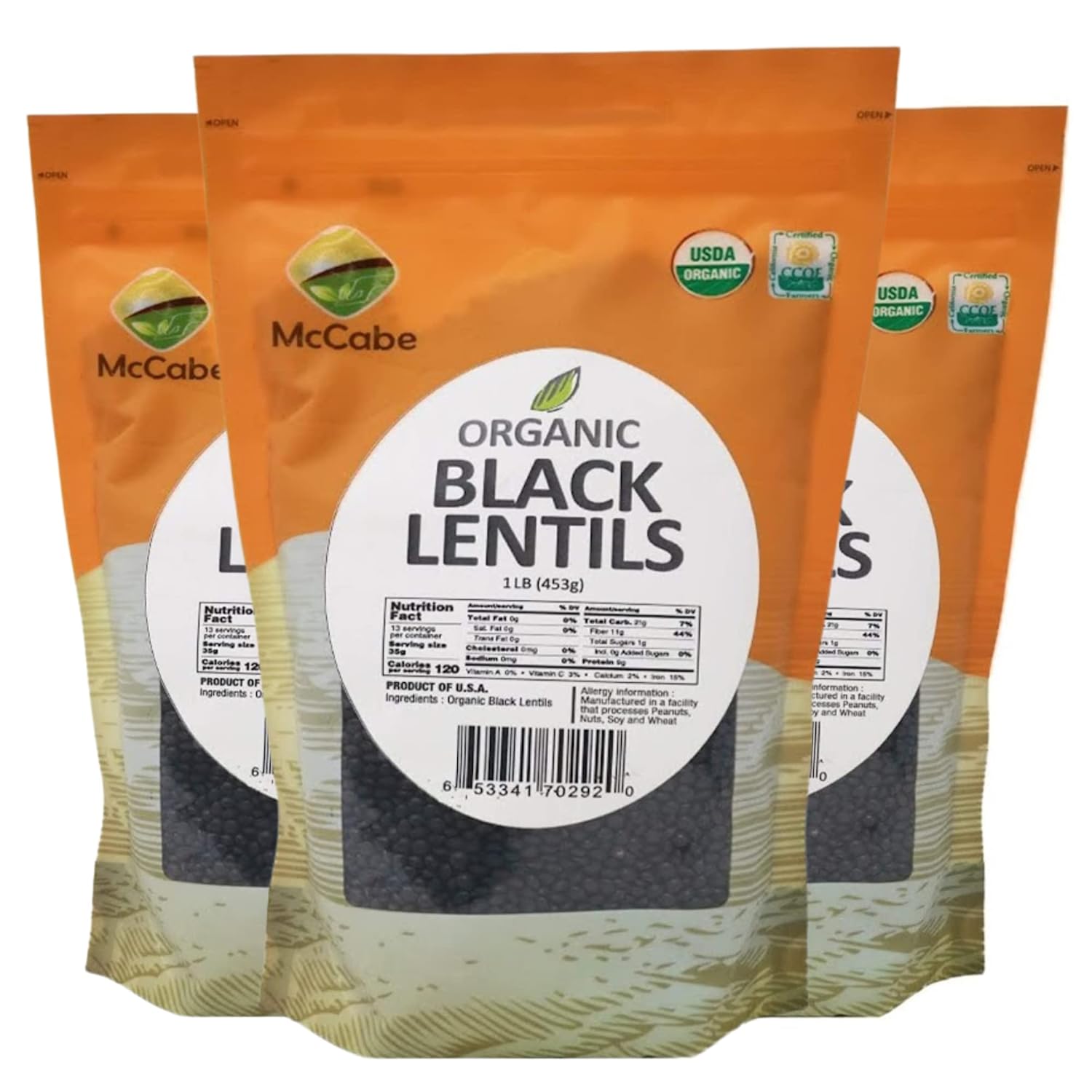 McCabe Organic Black Lentils - Black Lentils Organic | Rich with Fiber & Minerals | USDA and CCOF Certified | Product of USA | 1Lbs (Pack of 3)
